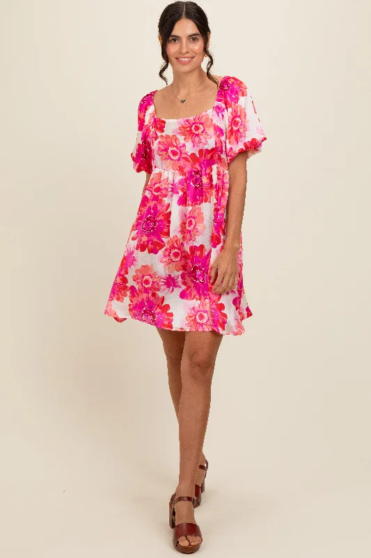 tiered dressFuchsia Floral Puff Sleeve Dress