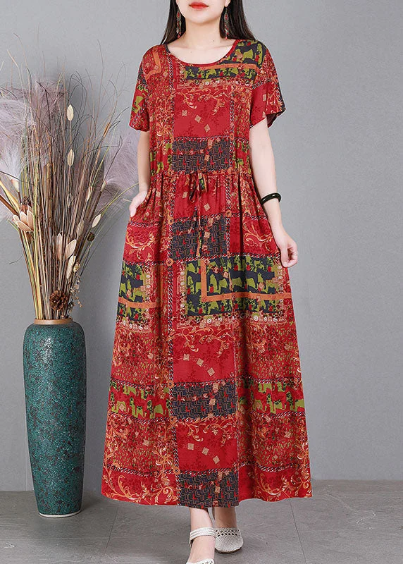 vintage dressPlus Size Red O-Neck Cinched Print Drawstring Silk Long Dresses Short Sleeve