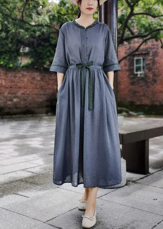 midi dressSlim Fit Grey Wrinkled Bow Ruffled Linen Vacation Dresses Half Sleeve